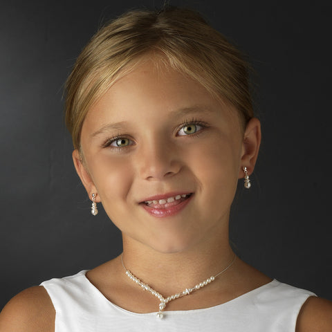 Children's Bridal Wedding Necklace Earring Set 8442 Silver Ivory