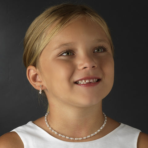 Precious Children's Silver Pearl & AB Crystal Bead Bridal Wedding Necklace & Earring Set 8443