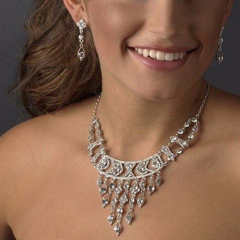 * Silver Clear Statement Bridal Wedding Necklace Earring Set 8448