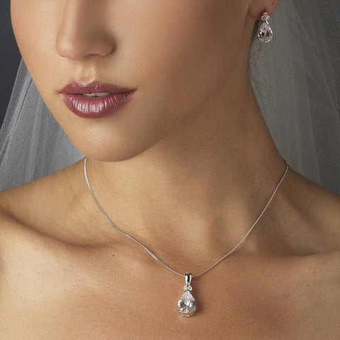 Silver Clear CZ Crystal Pear Cut Tear Drop Crystal Bridal Wedding Jewelry Set 8663