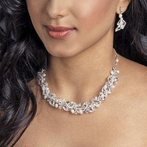 Silver Freshwater Pearl, Swarovski Crystal & Rhinestone Leaf Bridal Wedding Jewelry Set 9350