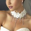 Silver Diamond White Accent Fabric & Clear Crystal Statement Bridal Wedding Jewelry Set 9693