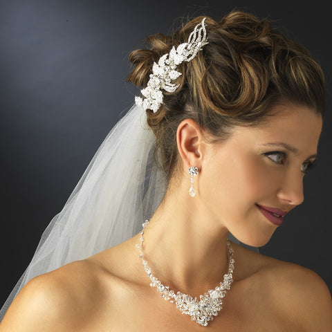 Silver Clear Rhinestone Floral Leaf Bridal Wedding Hair Clip with Swarovski Crystal Beads