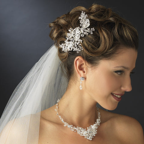 Silver Clear Rhinestone & Swarovski Crystal Bead Floral Vine Bridal Wedding Hair Comb