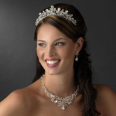 Enchanting Silver Clear Crystal Jewelry & Bridal Wedding Tiara Set 9786