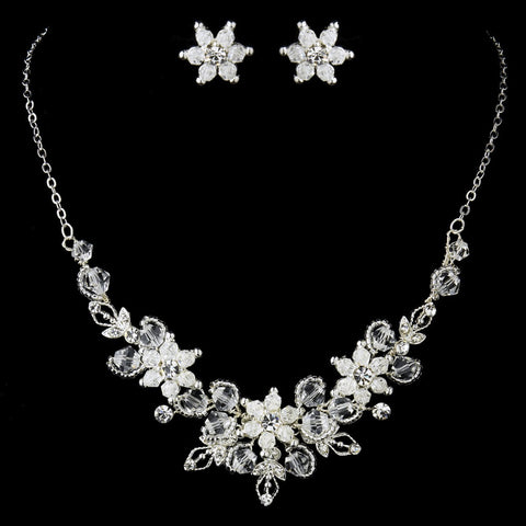 Silver Clear Rhinestone Swarovski Crystal Bead Floral Bridal Wedding Jewelry Set