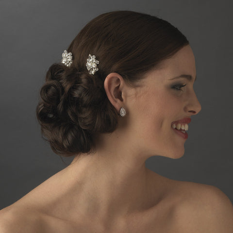Elegant Silver Clear Rhinestone & Crystal Bead Starburst Bridal Wedding Hair Pin 8393