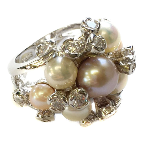 Silver Clear CZ Crystal & Rum Pink Pearl Bridal Wedding Ring 5156