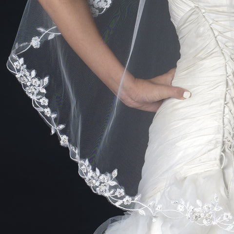 Single Layer Fingertip Length Floral Embroidery Edge Bridal Wedding Veil with Beads & Sequins V 1165