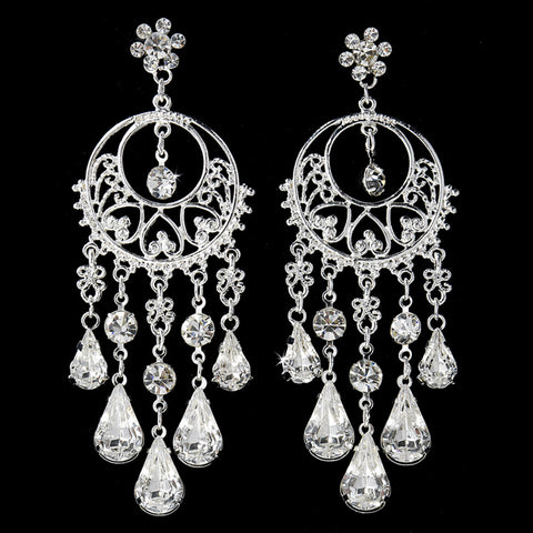 Silver Clear Rhinestone Chandelier Bridal Wedding Earrings