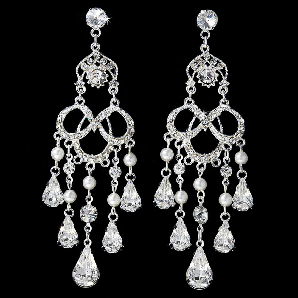 Silver Clear Rhinestone Pearl Chandelier Bridal Wedding Earrings