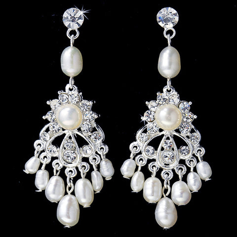 Silver Clear Rhinestone Freshwater Pearl Chandelier Bridal Wedding Earrings