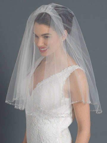 Single & Double Tier Elbow Length Bridal Wedding Veil with Sparkling Beaded Edge of Accents V 119 1E