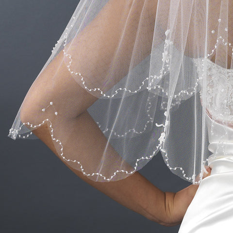 Bridal Wedding Veil 138 Ivory - On Bridal Wedding Hair Comb, Scalloped Edge w/Pearls & Beading (23