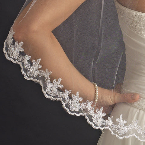 Single Layer Fingertip Length Bridal Wedding Veil with Scalloped Embroidered Edge 595
