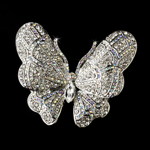 * Rhodium Silver Rhinestone Aurora Borealis Butterfly Bridal Wedding Hair Barrette 1024