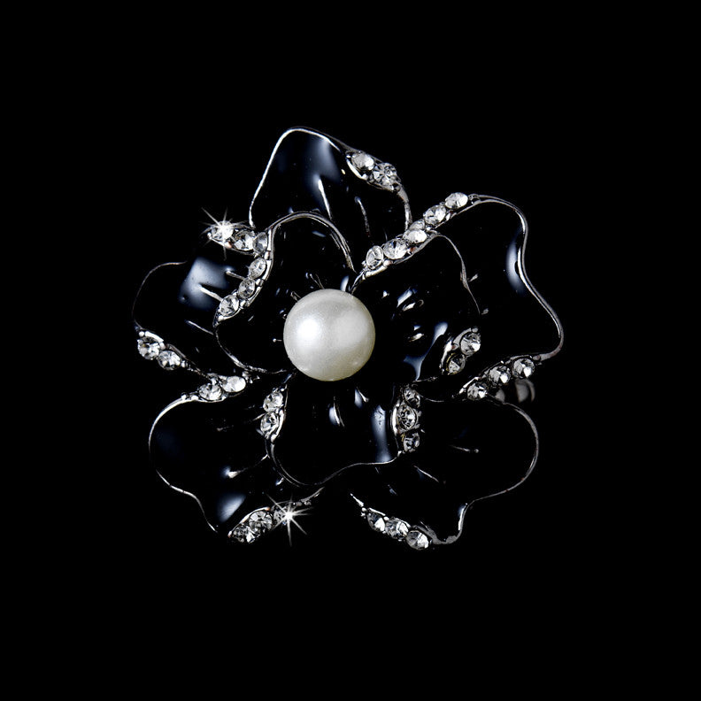 Whimsical Silver Black Flower Stretch Bridal Wedding Ring w/ Clear Rhinestones 8