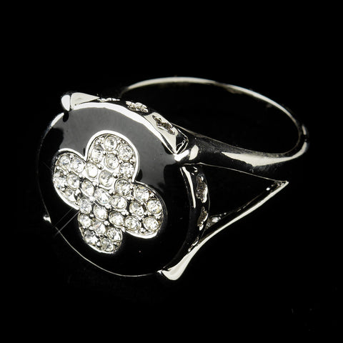 Silver Black & CZ Crystal Clover Cocktail Bridal Wedding Ring 7571