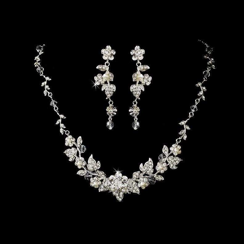 Swarovski Crystal & Pearl Floral Bridal Wedding Jewelry Set NE 1320