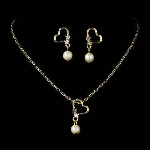 Children's Gold Pearl & Crystal Heart Bridal Wedding Jewelry Set NE C 8377